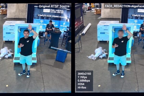 AlgoFace Face Redaction running in Nx Witness at GSX 2026, showing the original and redacted video streams side by side.