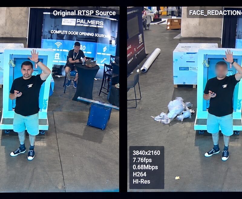 AlgoFace Face Redaction running in Nx Witness at GSX 2026, showing the original and redacted video streams side by side.